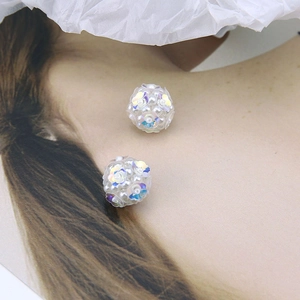 Macro view of crystal ball earring charms with iridescent sequins and white mini pearls
