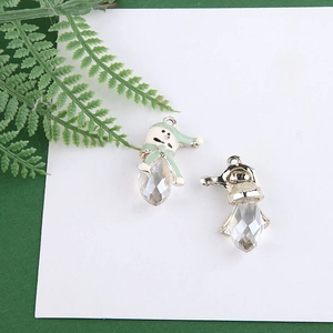 Detail of Christmas snowman charms with green enamel hats and faceted clear crystals