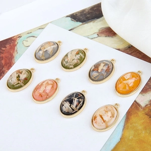 Retro oval pendant set with natural shell inlay and beaded gold frame for DIY jewelry