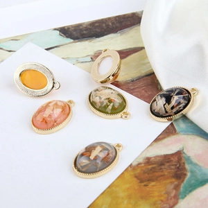 Retro oval shell-inlaid pendants with gold-plated metal base for DIY jewelry making