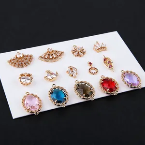 18K gold plated DIY jewelry charms with zircon snowflakes, crowns and colorful gemstones