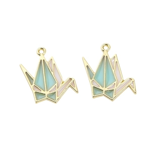 Emaille Origami-Kranich Anhänger in Mintgrün und Rosa für DIY-Schmuckherstellung
