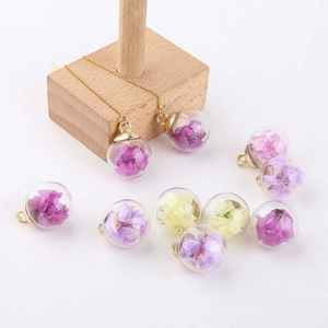 Handmade dried flower glass ball pendant with purple and pink florals for DIY jewelry
