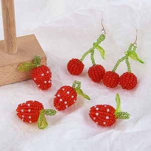 Handmade woven bead strawberry earrings and pendants with green leaves and red crystal beads