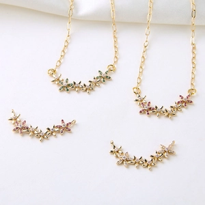 Gold Plated Copper Zirconia Flower Cluster Pendant Double Hanging Connector For DIY Necklace Earring Making Floral Jewelry Finding