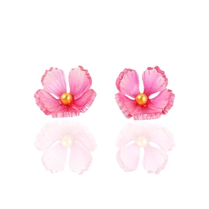 Vibrant rose pink acrylic cherry blossom flower stud earrings with a gold pearl center