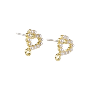 Golden heart pearl stud earrings with DIY charm loop and S925 silver needle finish