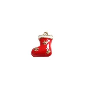 Red Christmas stocking pendant with gold snowflakes and white trim for jewelry making