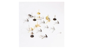 DIY flat base stud earring posts in four metallic colors on a plain white background