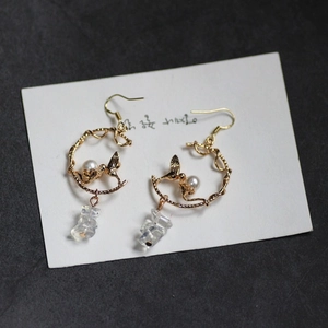 Pendientes de aro bañados en oro de 18K con pájaro y perla y colgante de cristal para DIY