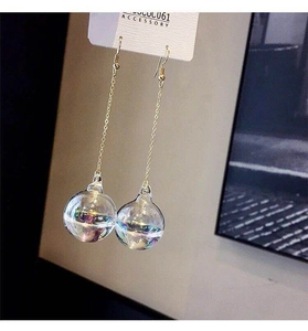 Iridescent glass orb drop earrings with gold chain hooks on a display card