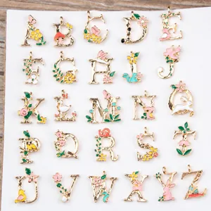 Gold Plated Alloy Enamel Alphabet Letter Charms Floral Initial Pendants For DIY Bracelet Necklace Jewelry Making Supplies