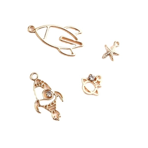 Golden alloy rocket and planet charms with rhinestones for DIY earring making