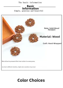 Detail of handcrafted woven wooden round bead pendants for summer DIY jewelry making