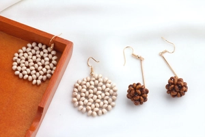 Handmade woven wood bead hoop earrings and brown cluster drops for summer boho style