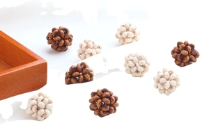 Handmade woven wooden ball pendants in brown and cream colors for DIY jewelry crafting