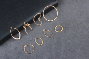 Detailed macro of gold alloy geometric earrings frames with pearls and bird branch charm