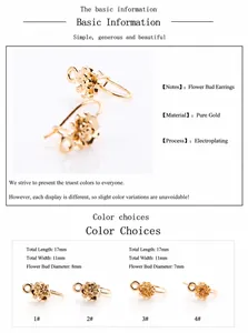Macro detail of gold-plated flower stud earrings DIY components with size measurements