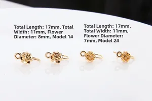 Macro view of gold-plated flower stud earring parts with 17mm total length and dimensions