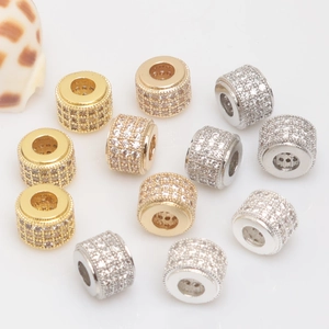 Micro-paved zircon barrel beads for bracelets in gold, silver, and rose gold plating