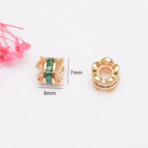 14K gold-plated spacer bead with green zircon in cylinder shape for DIY jewelry, 8x7mm