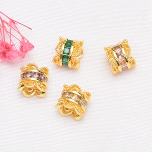 14K gold plated hollow spacer beads with colorful cubic zirconia for DIY jewelry making