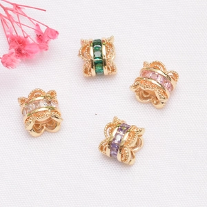 14K gold plated cylinder spacer beads with colorful zircon inlay for DIY bracelet making