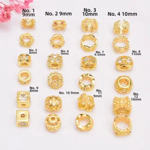 Perline distanziatrici placcate oro 14K con zirconi in dodici motivi metallici intagliati