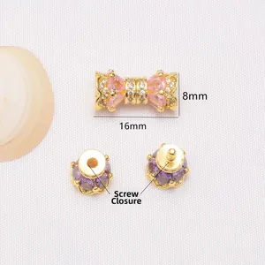 14K gold plated bow connector with pink zircon and screw clasps for jewelry making