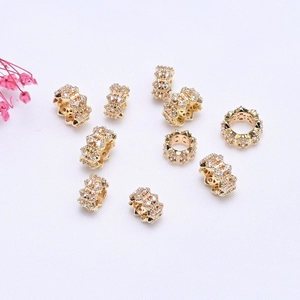 Set de 10 cuentas espaciadoras redondas huecas bañadas en oro 14K con circonitas engastadas