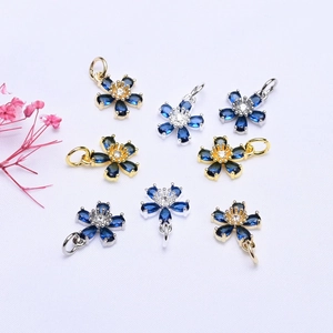 14K gold plated flower charms with blue zircon stones for DIY bracelet jewelry making