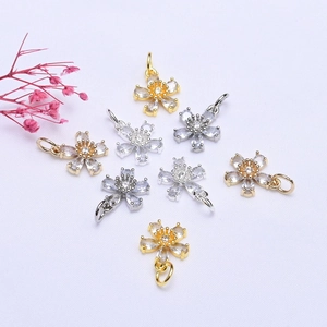 14K gold plated five-petal flower pendants with cubic zirconia for DIY jewelry making