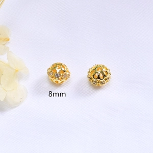 8mm 14K gold plated hollow bead with cubic zirconia for DIY jewelry making