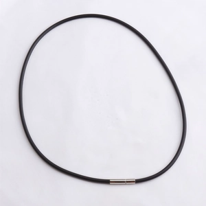 Minimalist black rubber necklace cord with a secure silver cylindrical metal clasp