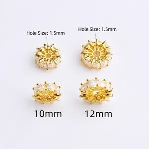 14K gold plated flower spacers with zircon crystals in 10mm and 12mm sizes for jewelry