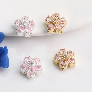 14K gold plated cherry blossom flower beads with pink zircon stones for DIY jewelry
