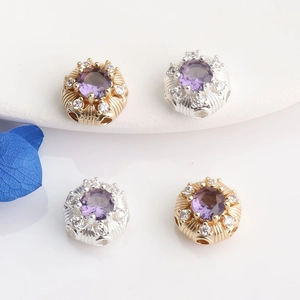 14K gold hollow spacer beads with purple zircon stones for DIY jewelry making