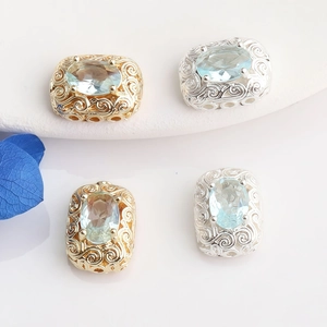 14K gold filled hollow rectangle beads with zircon inlay and floral filigree details