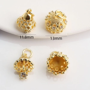 14K gold plated hollow crown bell pendant with zircon inlays and detailed dimensions