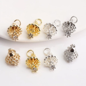 14K gold plated hollow crown bell pendants with cubic zirconia for jewelry making
