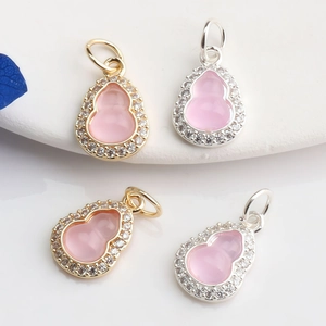 14K gold filled gourd pendant with pink gemstone and pavé zircon for jewelry making