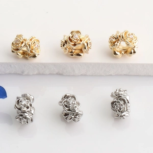 14K gold plated rose-shaped spacer beads with cubic zirconia for DIY jewelry making