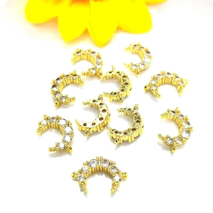 14K gold plated crescent moon pendant with micro-set zircon stones for jewelry making