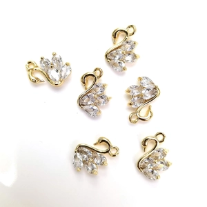 Set of 6 14K gold plated swan charms with cubic zirconia crystals for jewelry making