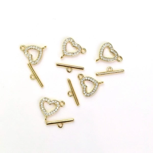 14K gold plated clover heart toggle clasp with micro-paved cubic zirconia for DIY jewelry