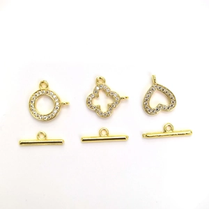 14K gold plated clover and heart toggle clasp with CZ stones for DIY jewelry making
