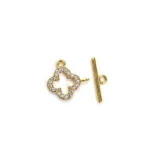 14K gold plated lucky clover OT toggle clasp with cubic zirconia for DIY jewelry making