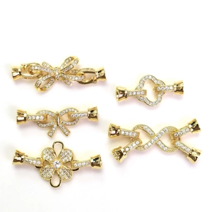 Copper Gold Plated Zirconia Bow Flower Clover Jewelry Clasp For DIY Necklace Sweater Chain Connection Artificial Pearl Clasp Only
