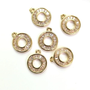Set of 6 14k gold plated round pendants with micro-pave cubic zirconia for DIY jewelry