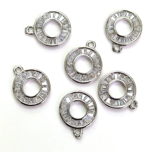 Set of 6 silver 14k gold plated round pendants with micro-pave cubic zirconia for DIY jewelry